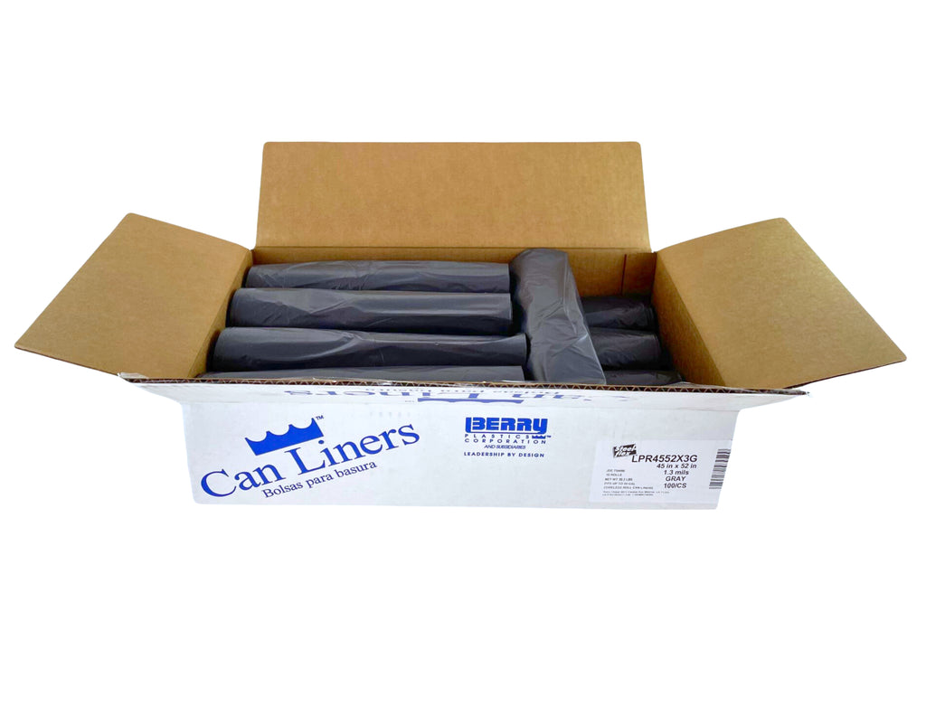 Berry Global® Linear Low-Density Can Liners | Gray | 50 Gallon | 45" x 52" | 1.3 mil | 100 Liners per Case
